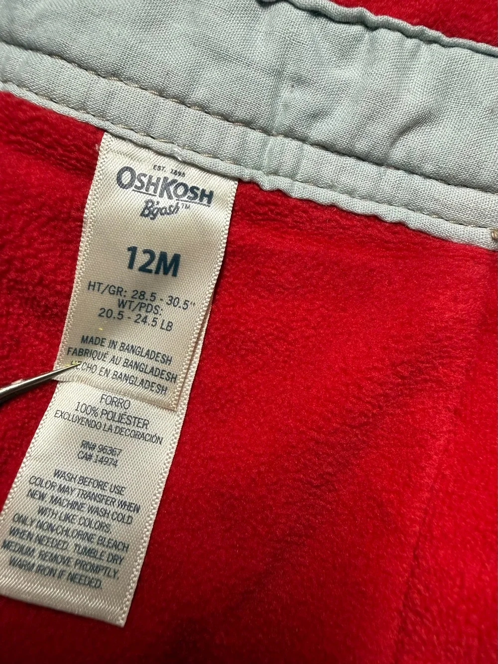 OshKosh B'gosh Dark Denim Toddler Overalls with Red Lined Fleece 12M